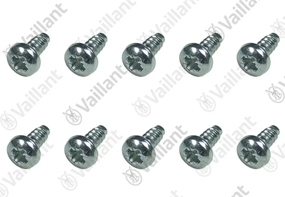 10 Schrauben der Marke Vaillant, mit Kreuzschlitzkopf und flachem Kopf, zur Verwendung in verschiedenen Anwendungen.